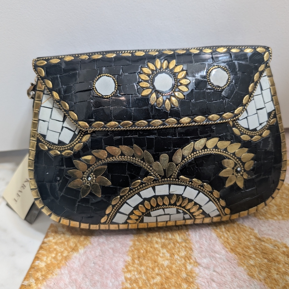 Antik Kraft Black & Gold Mosaic Embellished Women’s Beaded Clutch